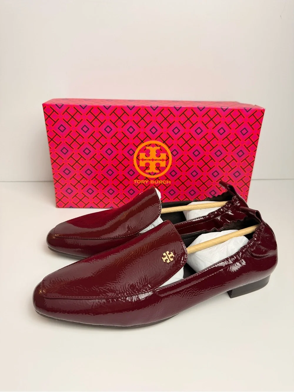 Tory Burch Kira 20mm Elastic Loafer Softy Naplak Patent Royal Burgundy Size 8.5